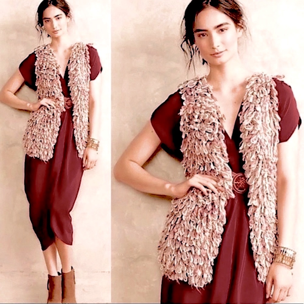 Anthropologie Hand knit by Dollie multicolored oversized fringe vest NWOT Small